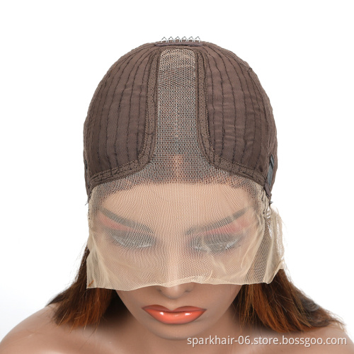 Pre-Plucked highlight honey brown color straight bob human hair lace front wigs, 4x4 lace closure indian straight wave bob wig